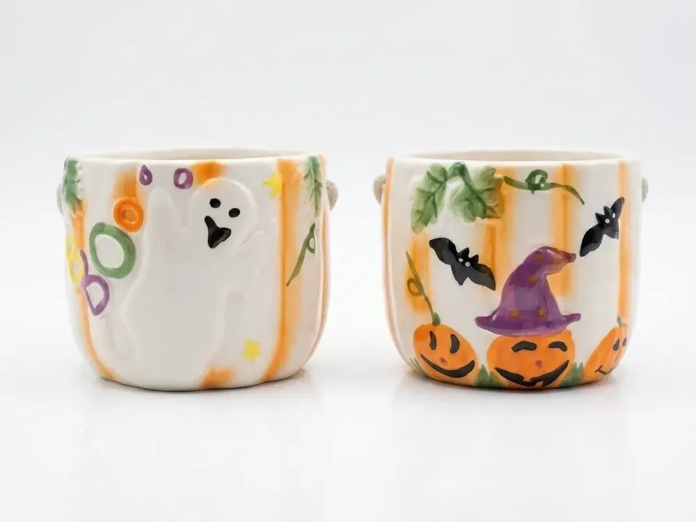 Set of 2 Royal Norfolk Halloween Ceramic Buckets Pots Candy Dishes Rope Handles